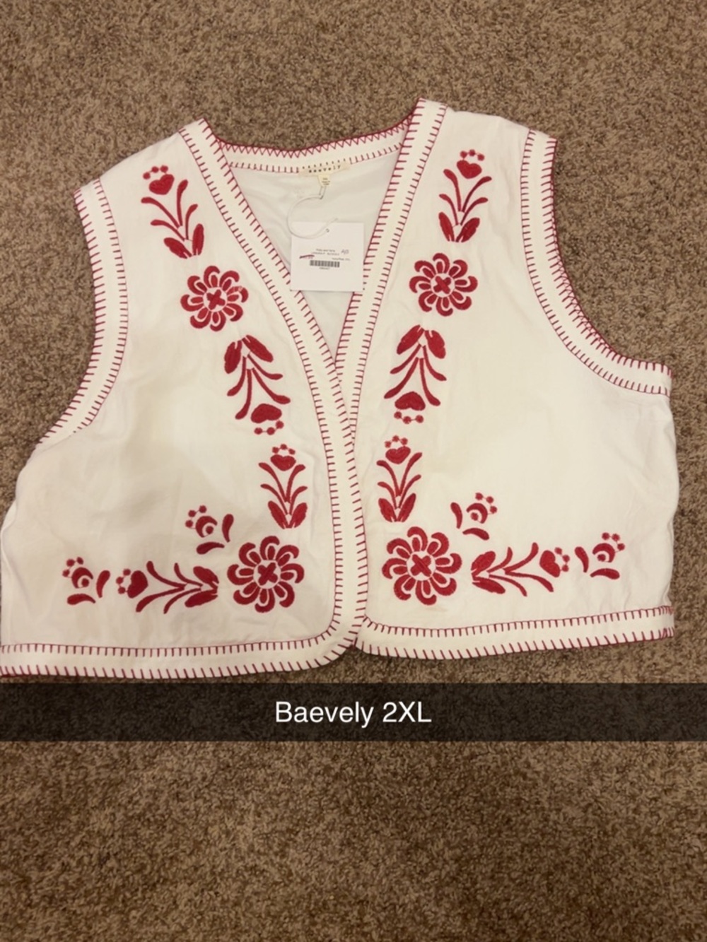 White Cropped Vest with Red Floral Embroidery